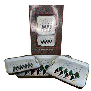 Penguin Christmas Tree Design Three Piece Lacquer Holiday Tray Set Japan Vintage
